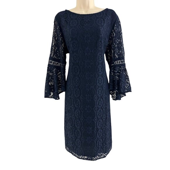 Chico's Size 3 = XL/16 Navy Blue Lace Shift Dress Bell Flare Sleeves Wedding - Picture 1 of 8